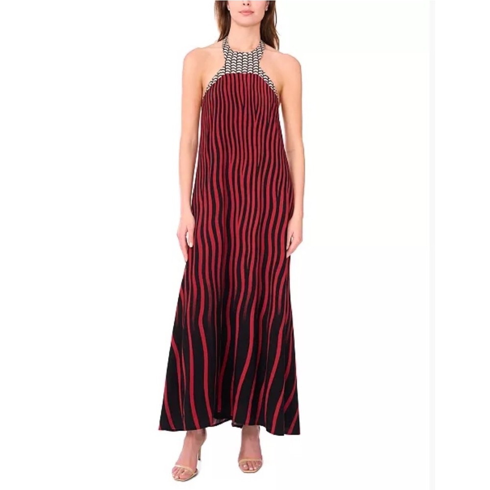1.STATE Maxi Dress Women Large New Red Black Stripe Halter Open Back